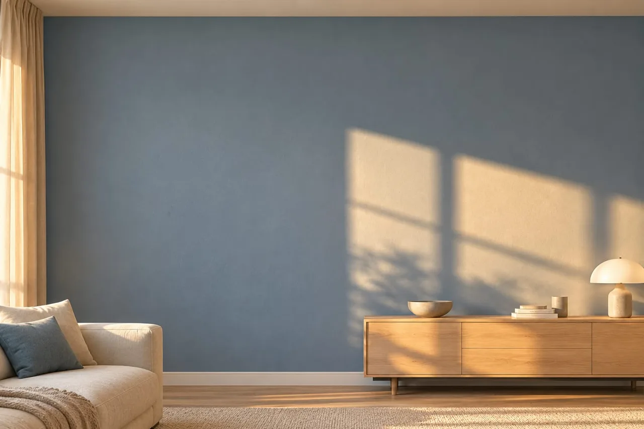 Blaugraue Wand mit Sofa und Holzkommode im warmen Tageslicht