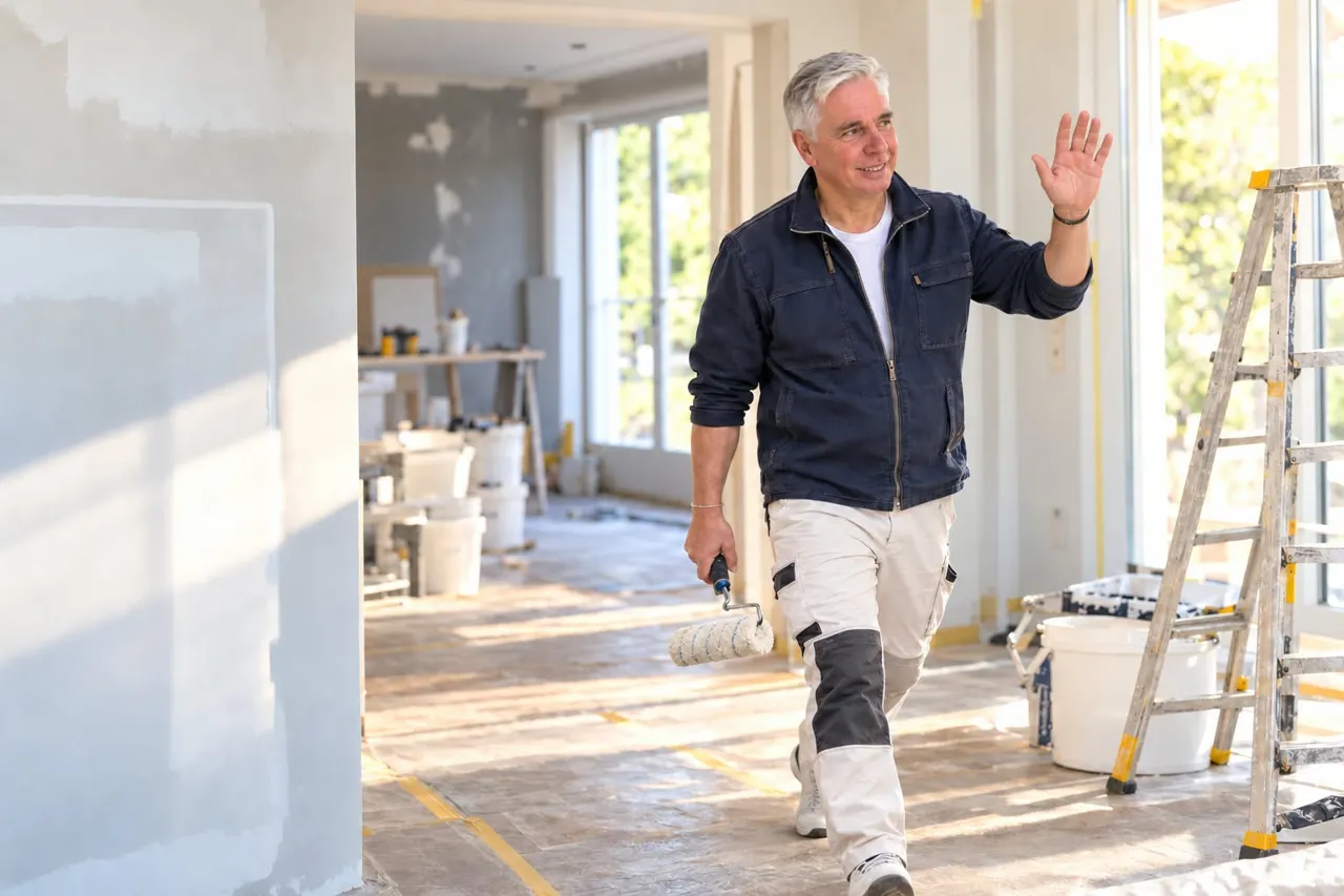 Frank Dey auf einer Baustelle in einem hellen Innenraum