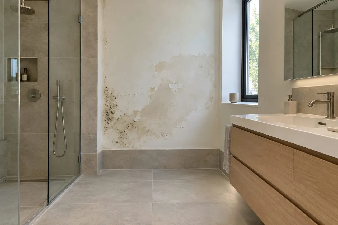 Schimmelbefall und beschädigter Putz an einer Badezimmerwand