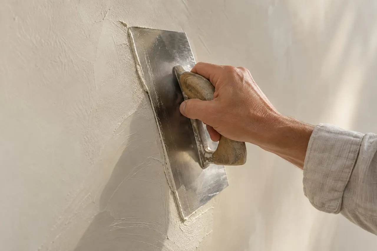 Spachtelarbeiten an einer hellen Wand