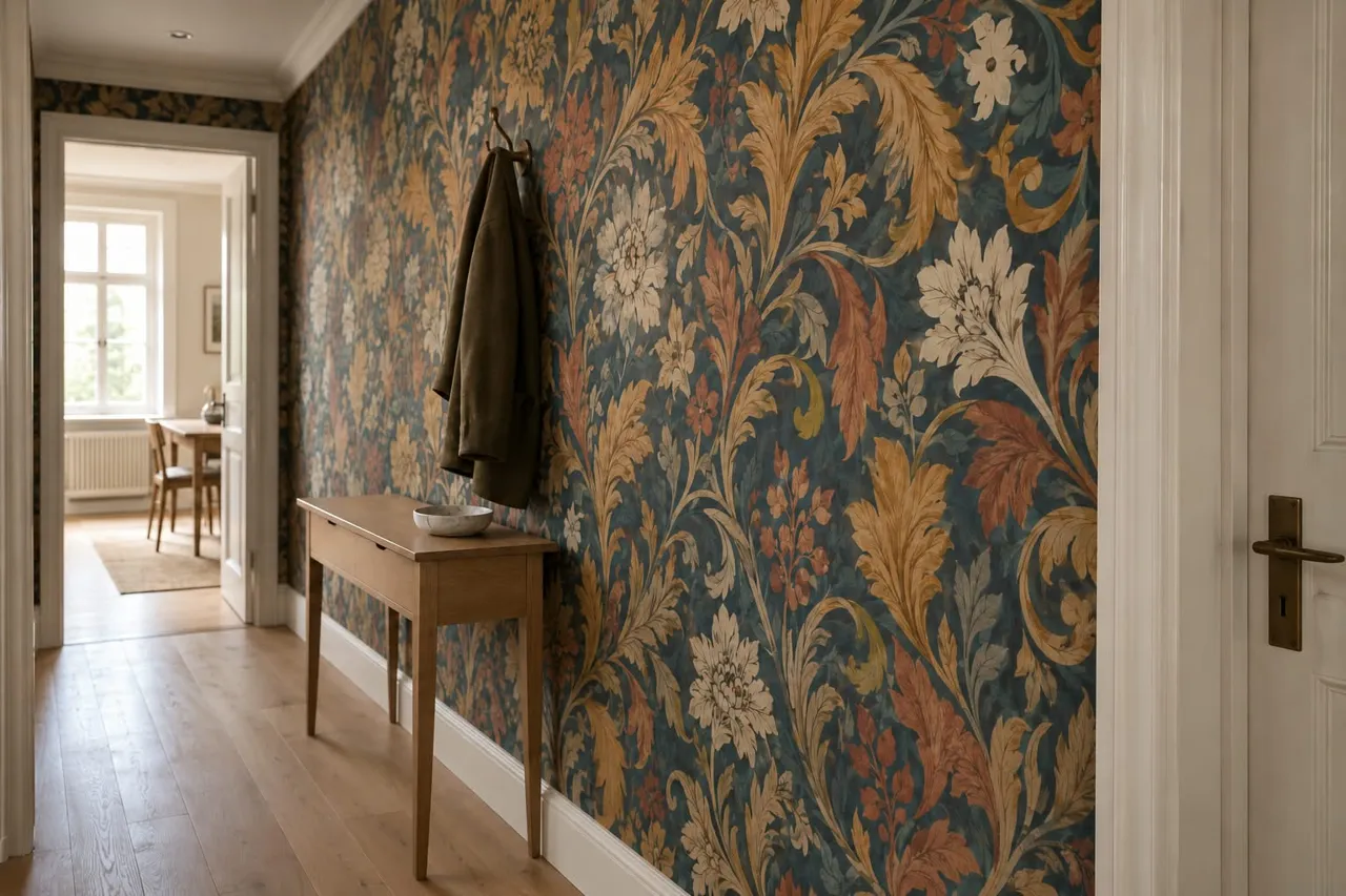 Florale Tapete als Akzentwand in einem Eingangsbereich